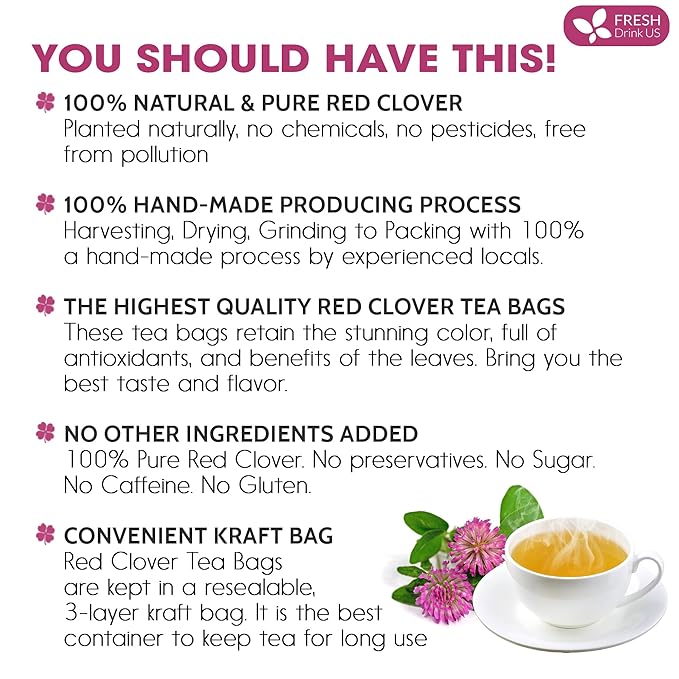 FreshDrinkUS, Premium Red Clover Herbal Teaโ 55 Tea Bags โ Pure โ Naturally Smooth & Mild Flavor โ Premium Quality, Eco-Conscious Packaging. Caffeine-Free. Gluten Free. Vegan