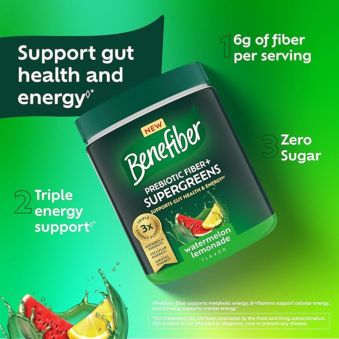 Benefiber Prebiotic Fiber + Supergreens Dietary Supplement Powder, Watermelon Lemonade Flavor, 8.8 oz (250g), 25 Day Supply