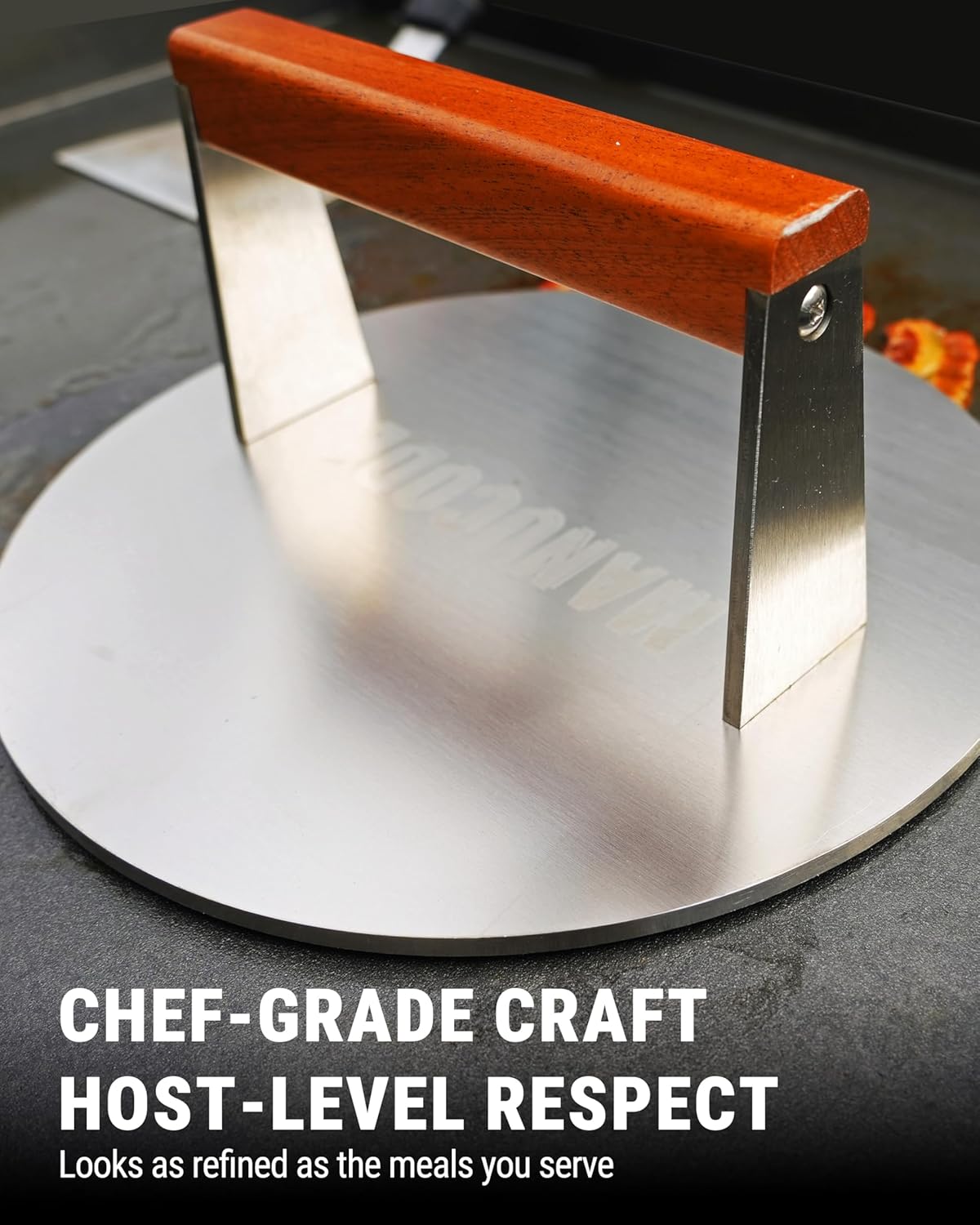 Smash Burger Press, 3.8-Lb Burger Smasher, 9-Inch Bacon Press for Batch Cooking, Stainless Steel, Easy to Clean and Seasoning Free, Heatable for Searing Panini, Steak, Chicken, Fish, Round