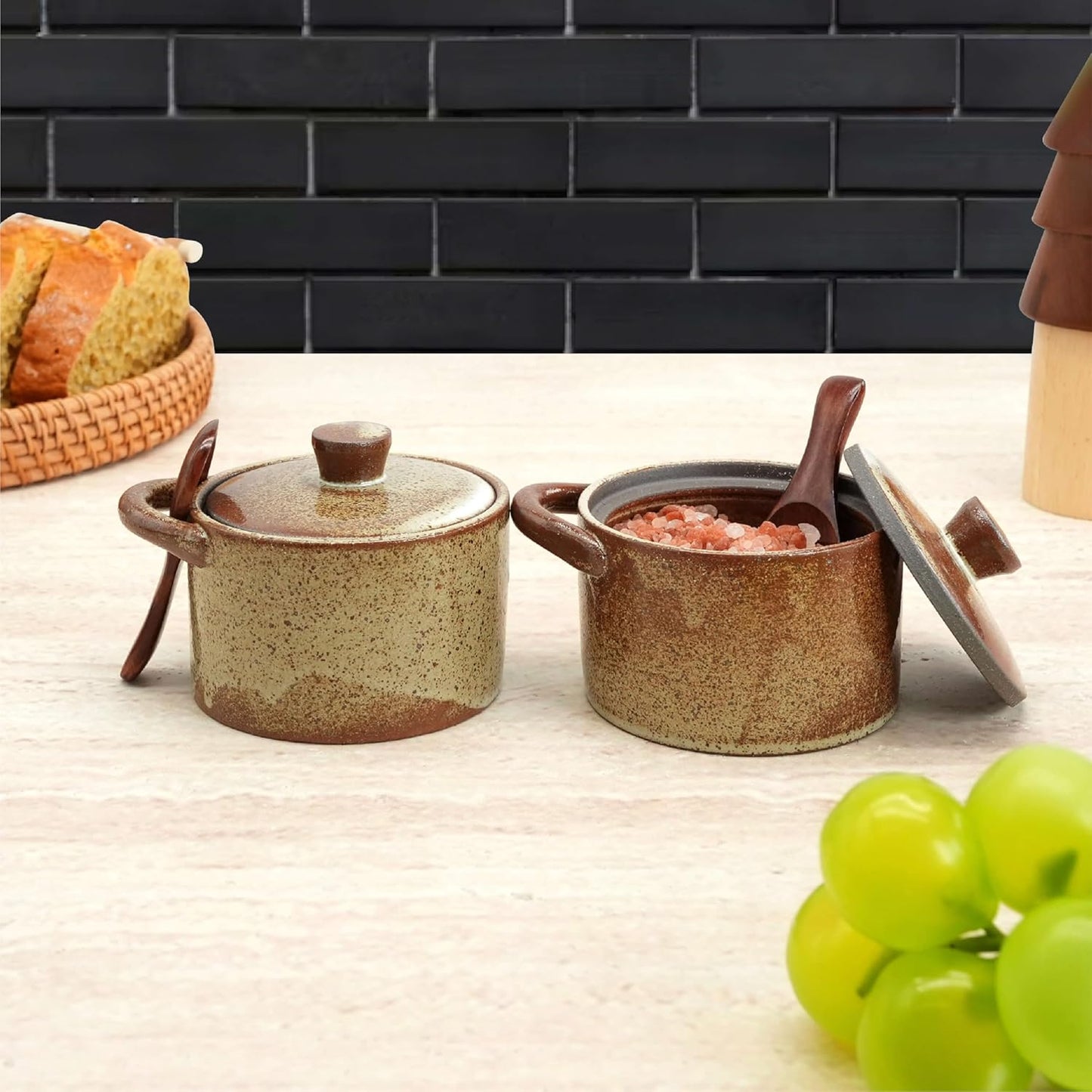 Handcrafted Speckled Ceramic Salt Cellar with Wooden Spoon, Rustic Vintage Spice Jar, Dishwasher Safe, 8.45 fl oz (Peckled Ceramic set of 2)