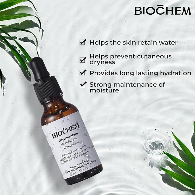 BIOCHEM Glycoprotein Hydrating Serum Ampoule – Deep Moisture + Skin Repair with Marine Glycoproteins & Hyaluronic Acid – Anti‑Aging Plumping Facial Serum, Sensitive Skin Safe, 1.01 fl oz / 30 mL