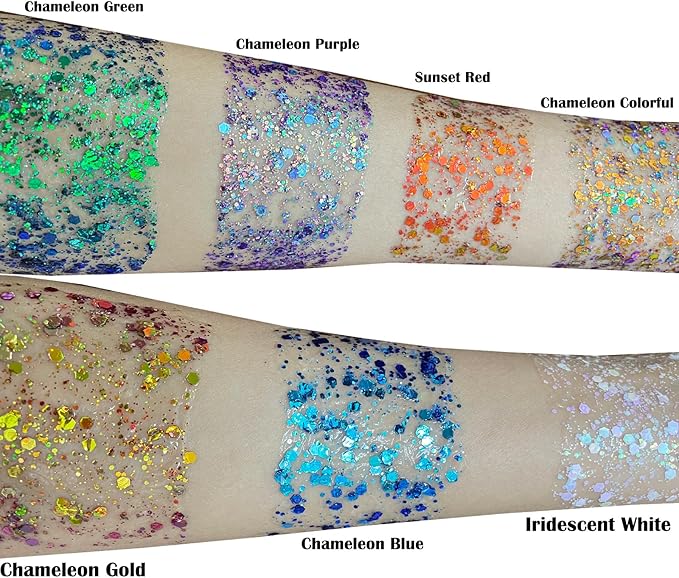 MEICOLY Chameleon Green Face Body Glitter,St Patricks Day Accessories,Color Changing Mermaid Face Glitter,Chunky Glitter Face Paint for Face Body Hair,Festival Rave Outfits Accessories for Women