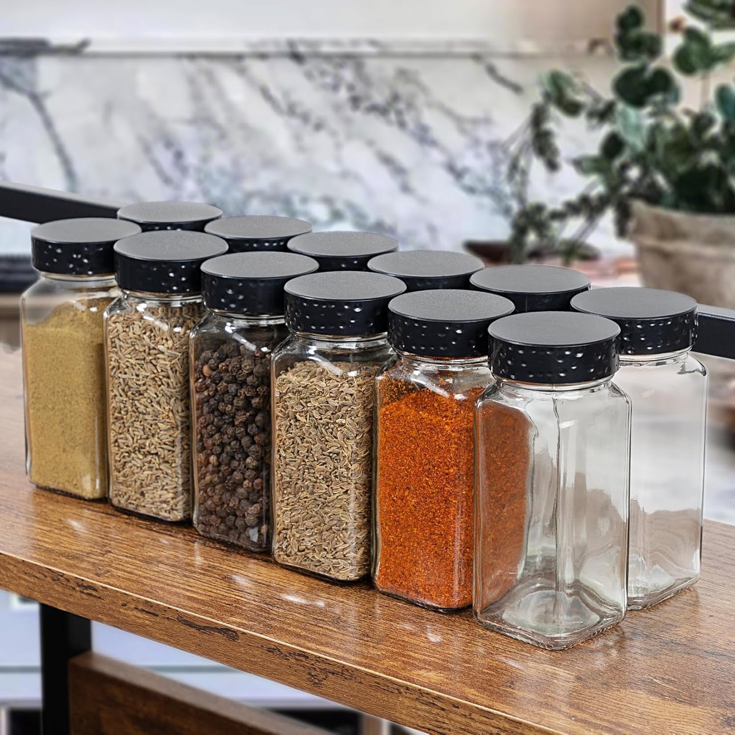 6pcs Black Spice Jars, 4 oz Glass Seasoning Bottles, Spices Container, Empty Spice Jars, Square Spice Bottles with Airtight Plastic Caps with Shaker Lids