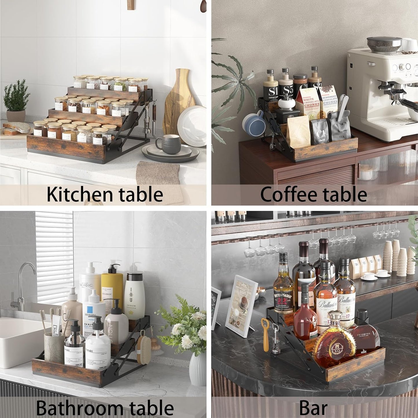 3 Tier Foldable Spice Rack Organizer for Countertop, Step Shelf with Spice Jars for Kitchen Cabinet Drawers Seasoning Rustic Wooden Spice Holder for Home, Cupboard or Door - 2PCS