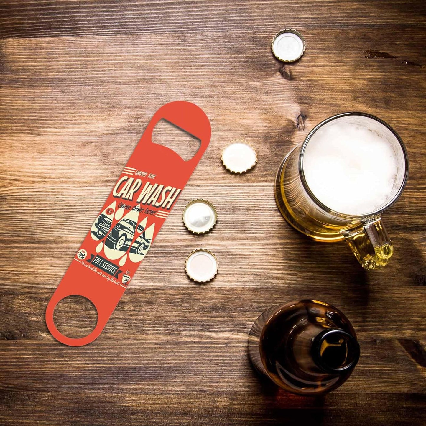 Retro Car Wash Sign Stainless Steel Bottle Opener Wash Cleaner Shinier Faster Full Service Vintage Auto Machine Flat Beer Bottle Opener Keychain for Home Kitchen Bar Restaurant Party Gift