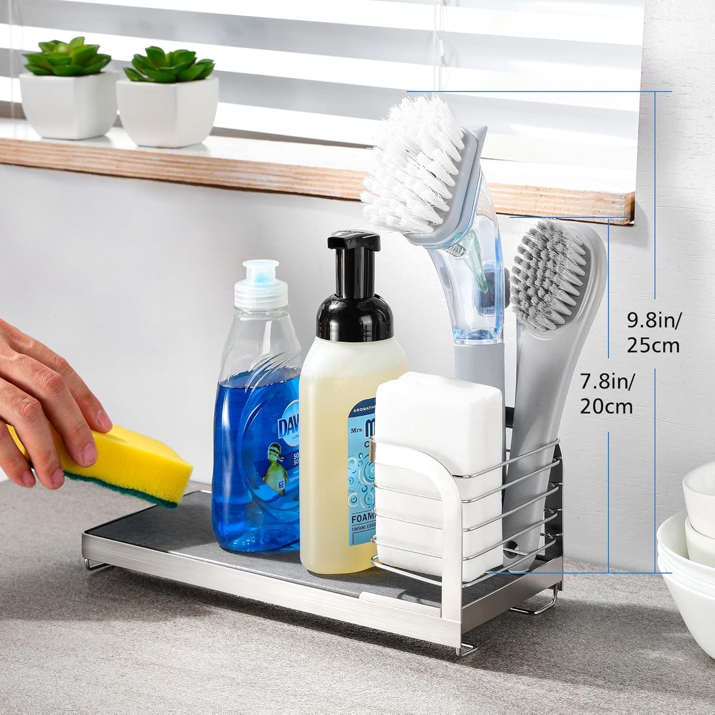 Wipe-Free Sink Organizer with Drying Stone, Instant Dry Sink Caddy Organizers, Kitchen Sponge Soap Holder Dispenser, Countertop Fast Drying Counter Tray Rack