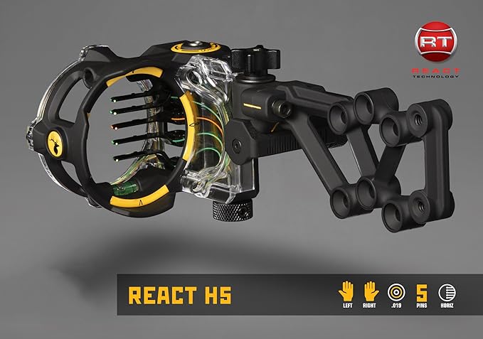 Trophy Ridge React H5 Bow Sight - 5 Pin Sight, Tool Less Windage and Elevation Adustability, 2nd Axis Leveling, Adjustable Click Light