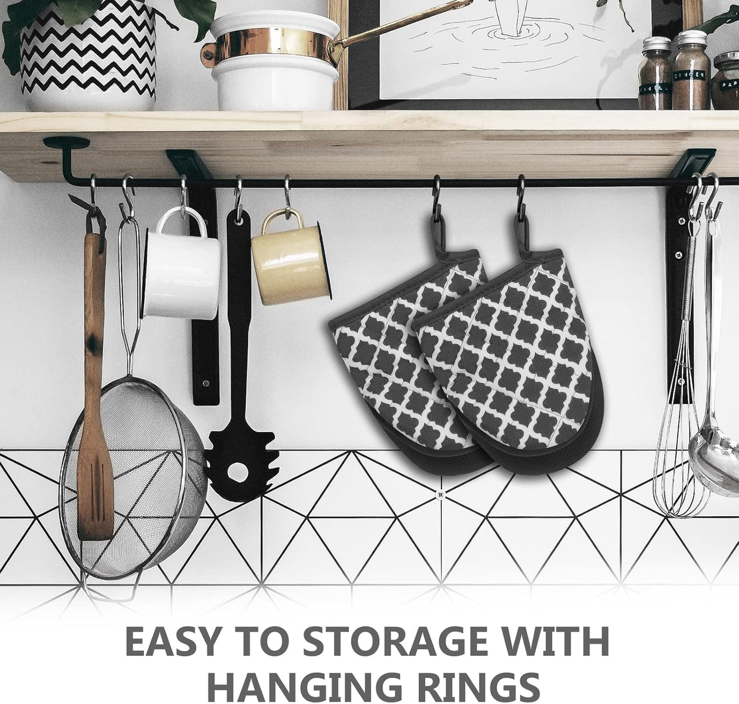 Qulable 1 Pair Short Oven Mitts - Silicone Kitchen Oven Gloves High Heat Resistant 500℉, Mini Oven Mits with Non-Slip Grip Surfaces and Hanging Loop for BBQ, Baking, Cooking and Grilling (Dark Gray)