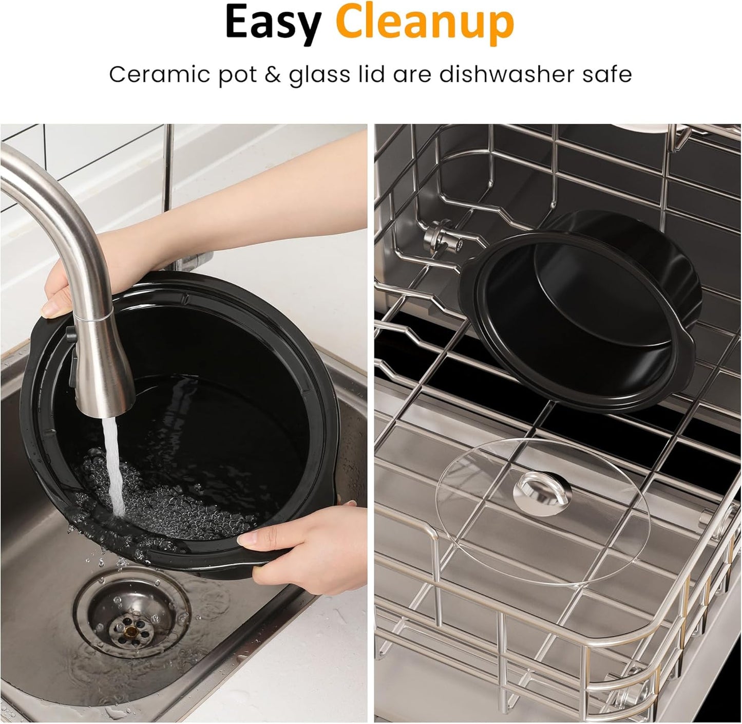 Sunvivi Small Slow Cooker 4QT, Mini Food Warmer with 3 Heating Settings, Removable Ceramic Pot, Dishwasher Safe Glass Lid, Stainless Steel, Black