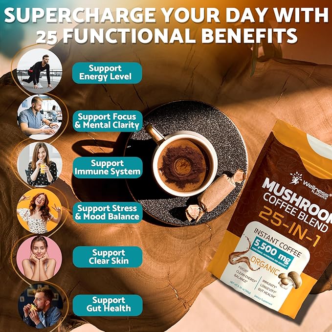 Mushroom Coffee Organic Instant Coffee, 25-in-1, Third-Party Tested Keto Friendly Lions Mane Supplement with Functional Mushrooms β Shiitake, Reishi, Lionβs Mane & More | Smooth, Rich Flavor - 90 Servings