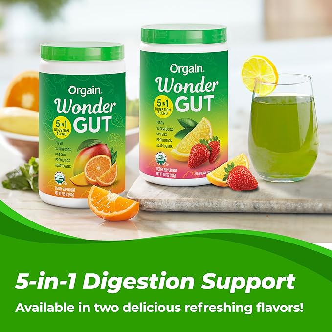 Orgain Organic Wonder Gut Fiber Supplement Powder, 5 in 1 Blend with 1 Billion Probiotics, Greens, Vitamin C, Adaptogens for Gut Health and Immune Support, Non-GMO, Strawberry Lemonade, 7.05 oz
