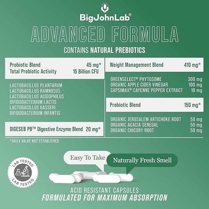 BIGJOHNLAB® - Probiotics for Weight Management & Bloating - 6 Probiotic Strains - Prebiotics - Key Ingredient Cayenne & Green Tea - Supports Gut Health - Weight Management for Women & Men - 30 CT