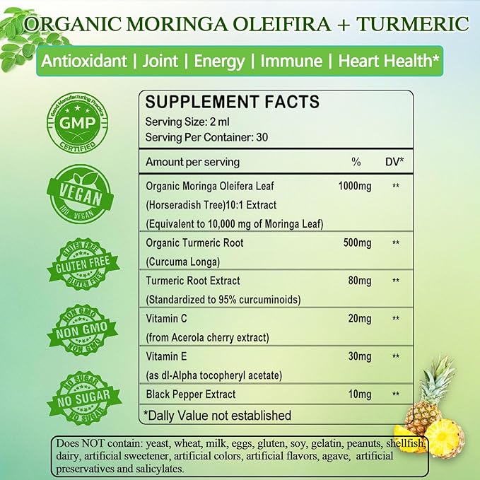 Organic Moringa Liquid Drops, Pure Moringa Oleifera Leaf Extract w. Turmeric, Black Pepper & Vitamin C E, Moringa Supplemens for Activates AMPK & GLP-1, Energy Antioxidant Skin Gut