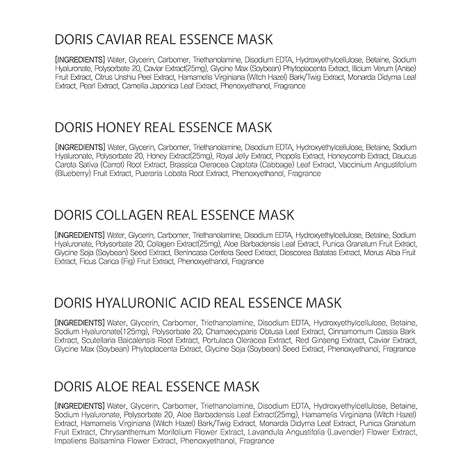 Doris Real Essence Mask 20 Combo Packs for Healthy Skin, K-Beauty Skincare Variety Pack