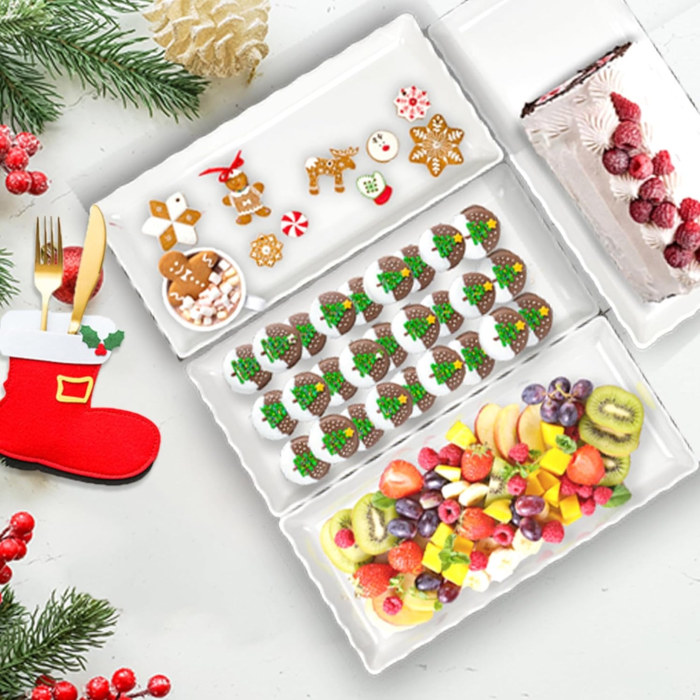 KAQAHIDO 17" x 8" x 1.5" White Serving Tray Set, Wave Edge Melamine Platters for Cookie, Appetizer, Charcuterie, Snack, Dessert, Party Food Display, Stackable, Set of 2