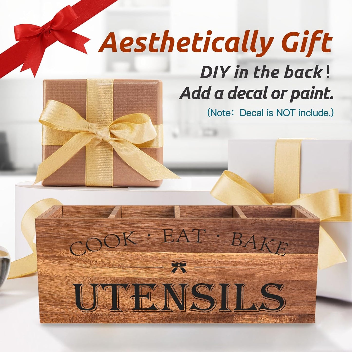 Suli Acacia Wood Utensil Holder for Kitchen Counter,Extra Large Utensils Holder with 4 Compartments,Caddy Organizer for Countertop, Farmhouse Kitchen Decor, Rustic Cooking Utensil