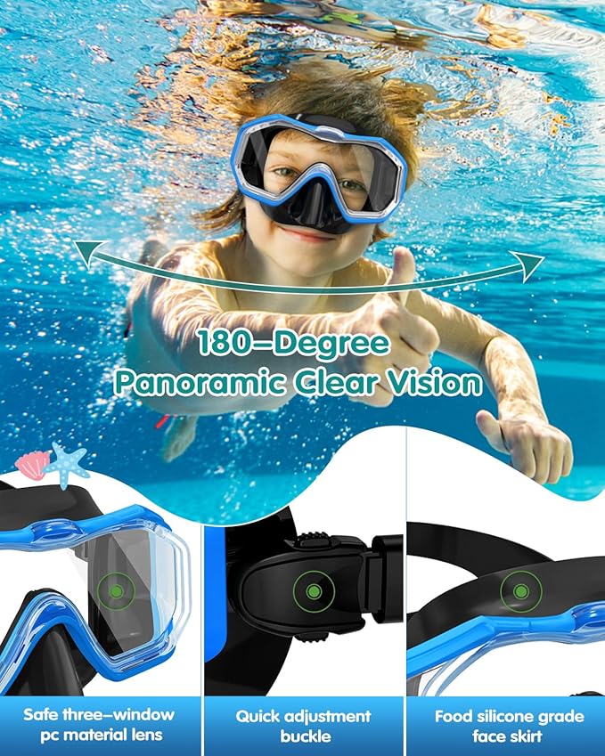 W WSTOO Kids Swim Goggles with Nose Cover,Snorkel Diving Swimming Mask for Youth 5-15,HD 3-Window Wide Vision Anti-Shattered Lens Anti-Fog&Leak