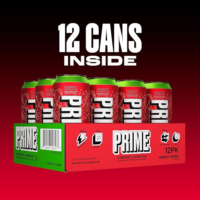 PRIME Energy CHERRY LIMEADE, Zero Sugar Energy Drink, 200mg Caffeine and 300mg of Electrolytes for Hydration, Vegan, Gluten Free,16 Fluid Ounce, 12 Pack