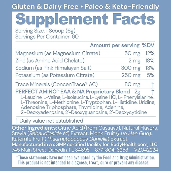 BodyHealth PerfectAmino Electrolyte Powder No Sugar, Hydration Fasting Keto Zero Sugar Electrolytes Drink Mix with Trace Minerals - Lemon Lime - 60 Servings
