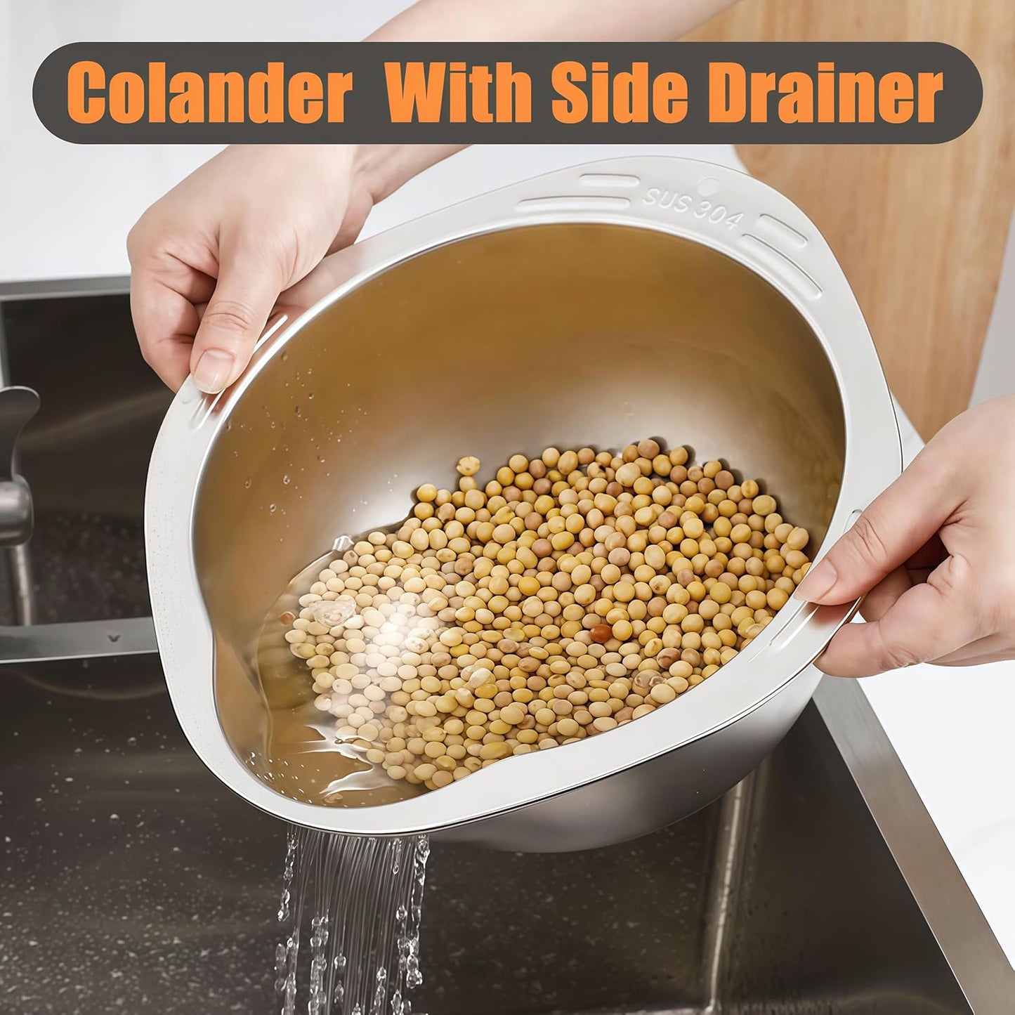 Rice Washer Strainer Bowl, Stainless Steel Washing Bowl, Quinoa Colander Versatile Side Drainers for Cleaning Rinsing Fruits, Vegetables, and Beans - Multifunctional Drain Basket