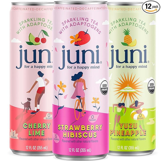 Juni Sparkling Adaptogen Drink with Ashwagandha, Lion’s Mane & Reishi Mushrooms | Green Tea for Focus, Zero Sugar, 5 Calories | Decaffeinated, Non Alcoholic Drinks – Variety Pack (12 Pack)