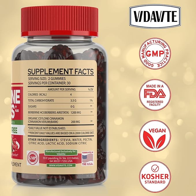 Berberine with Ceylon Cinnamon Gummies — Sugar-free, 98% Pure & 10x Absorption — 1200mg HCL Organic Berberine Supplement for Weight Management, Immunity, Metabolic & Digestive Health(30 Days)