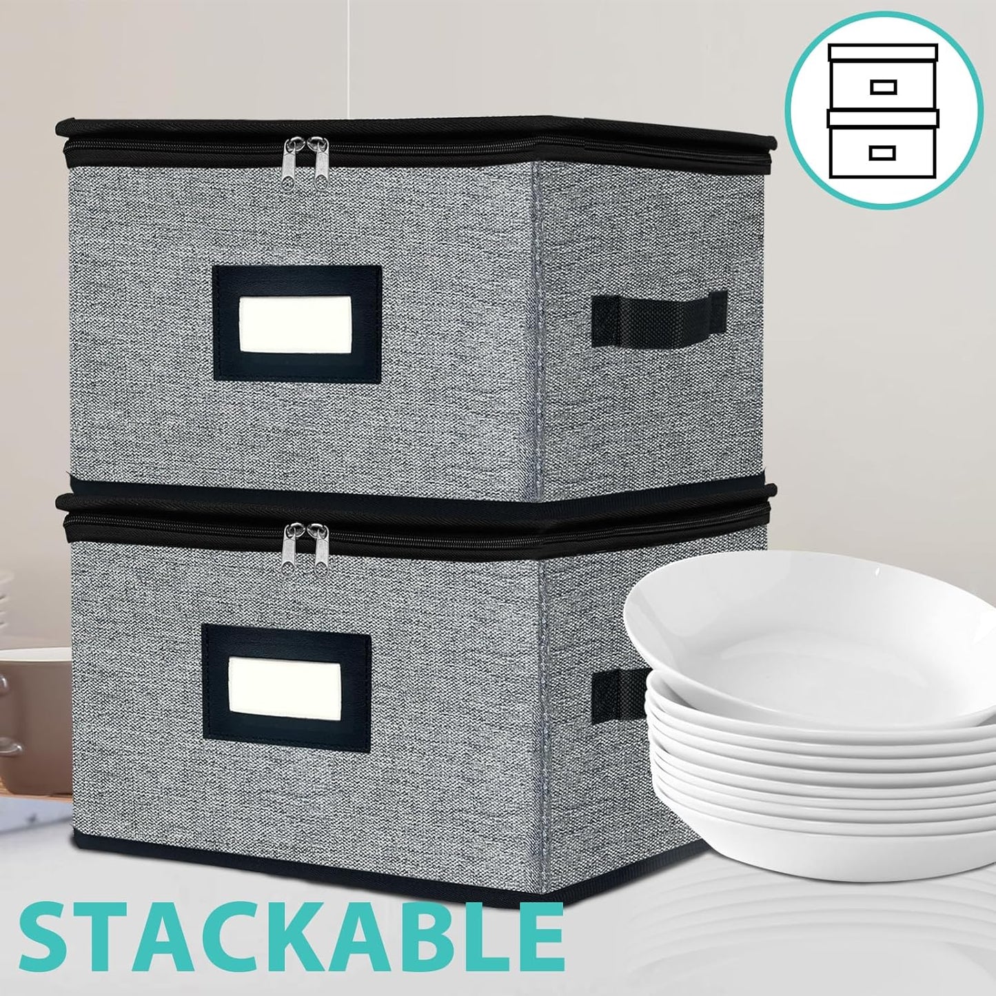 homyfort China Storage Containers - Dinner Plate Storage with Lid, Handles, Hard Shell Dinnerware Protectors for Moving Bowls, Saucer, Padded Protective Storage, 12x12, 2 Pack