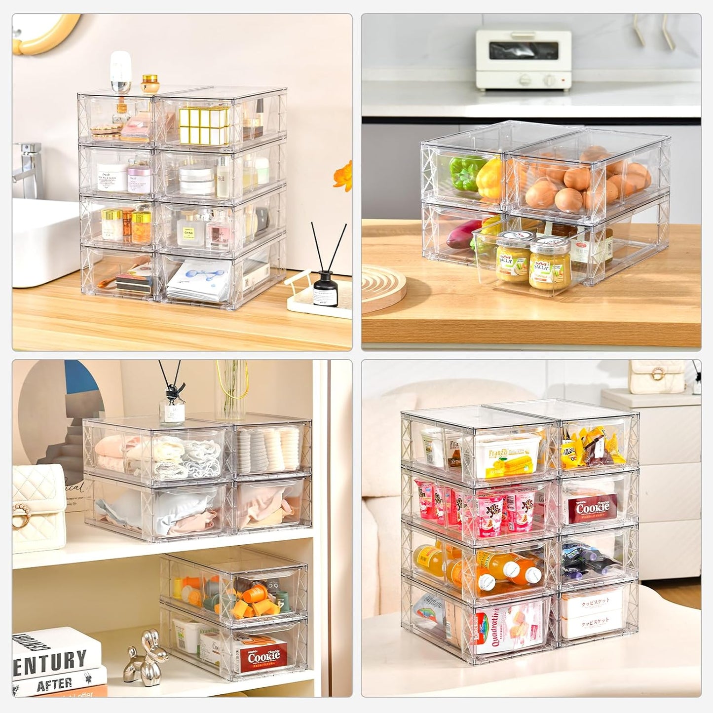 8Pack Clear Stackable Kitchen Storage Organizer,Pantry Organizers and Storage,Foods Organizer Bins with Handles, Easily Assemble for Bathroom, Kitchen, Refrigerator, Pantry, Cabinet, Closet