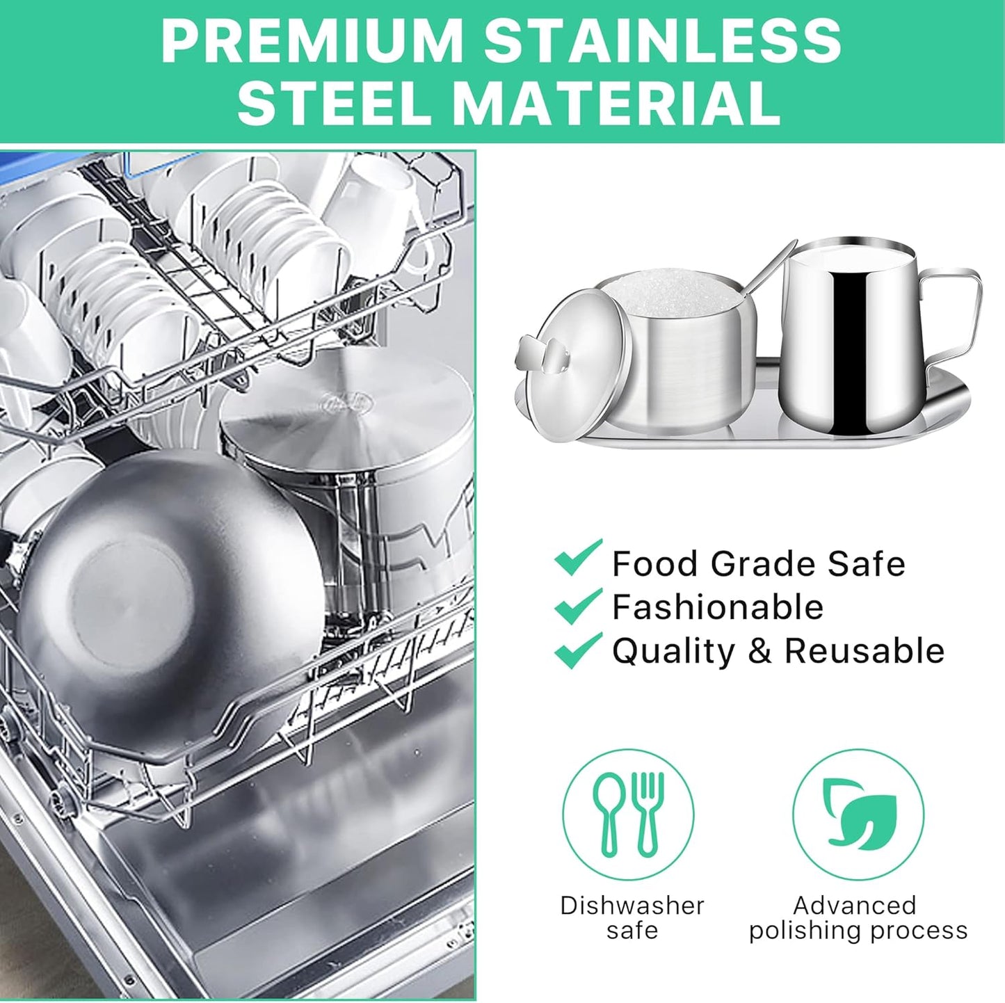 Stainless Steel Sugar and Creamer Set, Coffee Sets for Serving, Latte Milk Cup Cream Jug and Sugar Bowl with Lid Spoon Tray for Coffee Bar