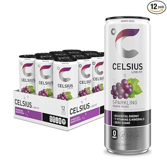 CELSIUS Sparkling Grape Rush, Functional Essential Energy Drink 12 Fl Oz (Pack of 12)
