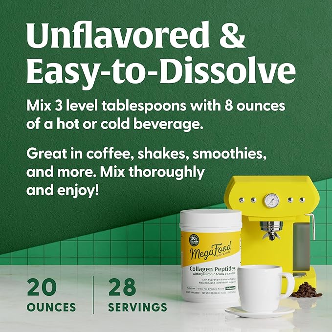 MegaFood Collagen Peptides for Women & Men - Unflavored Collagen Powder with Hyaluronic Acid & Vitamin C - Supports Skin Hair Nails & Joint Health - 20g Grass Fed Bovine Collagen - 20oz, 28 Servings