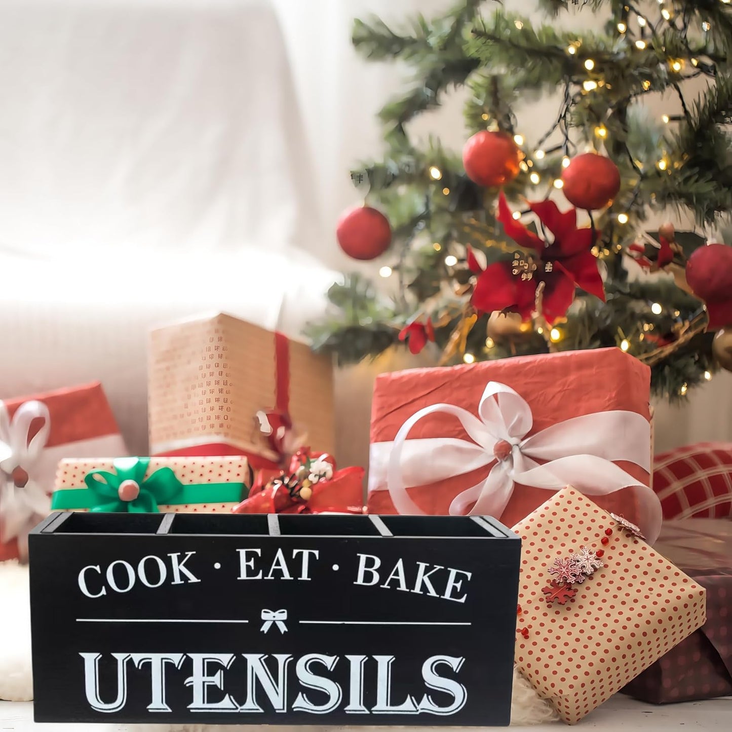 Utensil Holder,Extra Large Wooden Utensil Holder For Kitchen Counter,Cooking Spatula Organizer,Big Storage Caddy With 4 Compartments Flatware Spoon Tool Cutlery