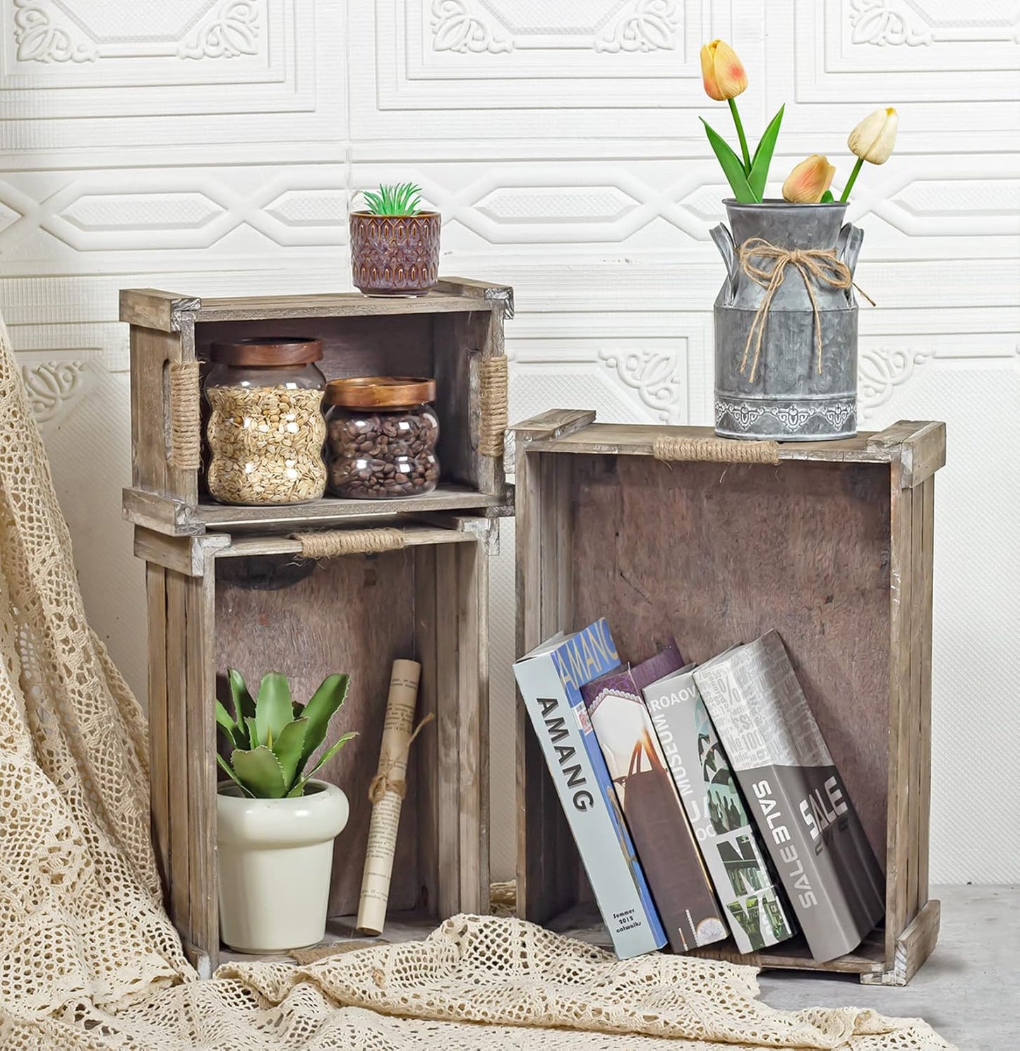 TIMRIS Set of 3 Rustic Wood Nesting Crates, Farmhouse Wooden Storage Container Boxes with Cutout Handles, Decorative Wooden Baskets for Display (Rustic Gray)