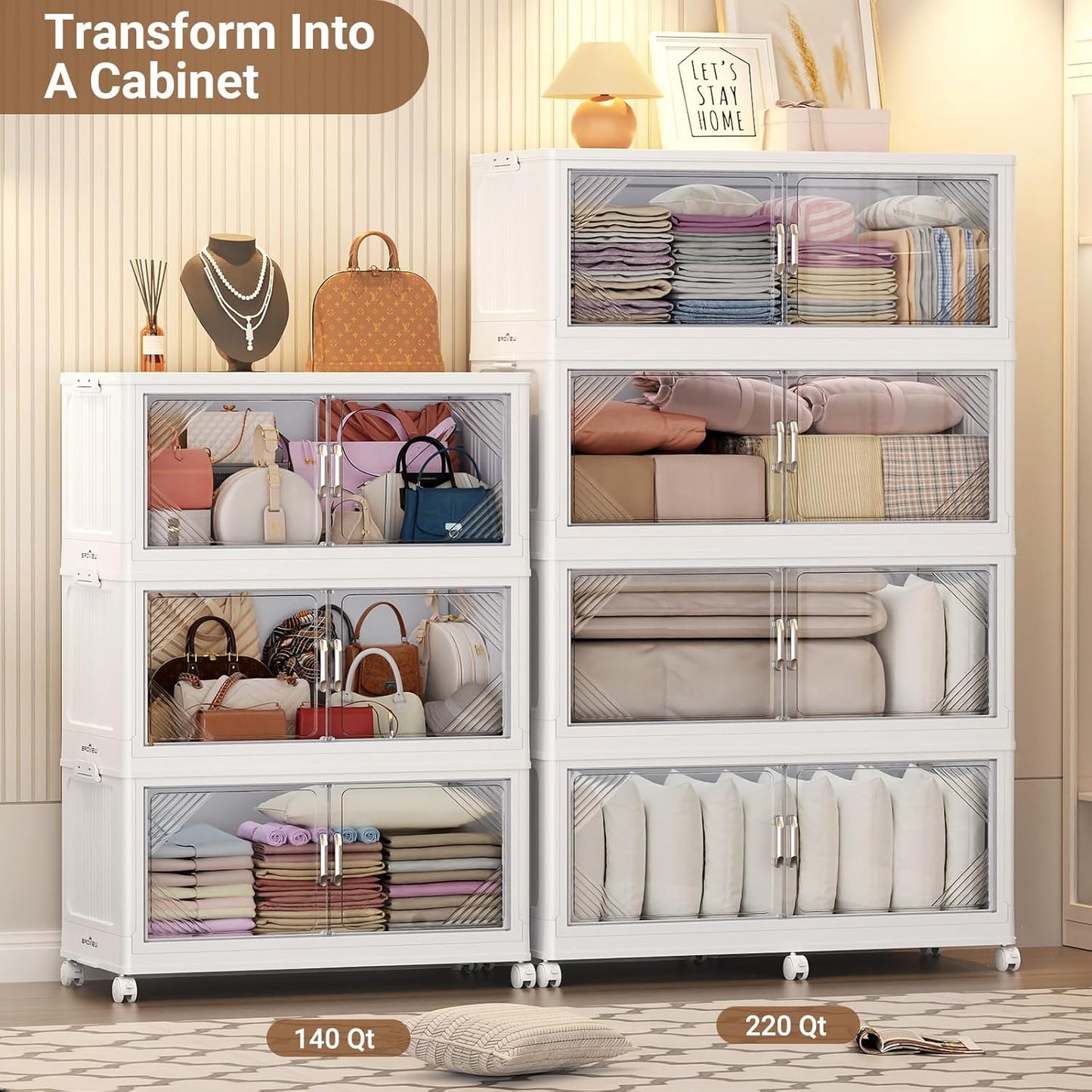 105Gal Plastic Stackable Storage Bins with Lid, 420QT Extra Large Closet Organizers Collapsible Cabinets Boxes With Drawers, Foldable Containers with 4x Wheels for Home Kitchen, V60 3Pack White