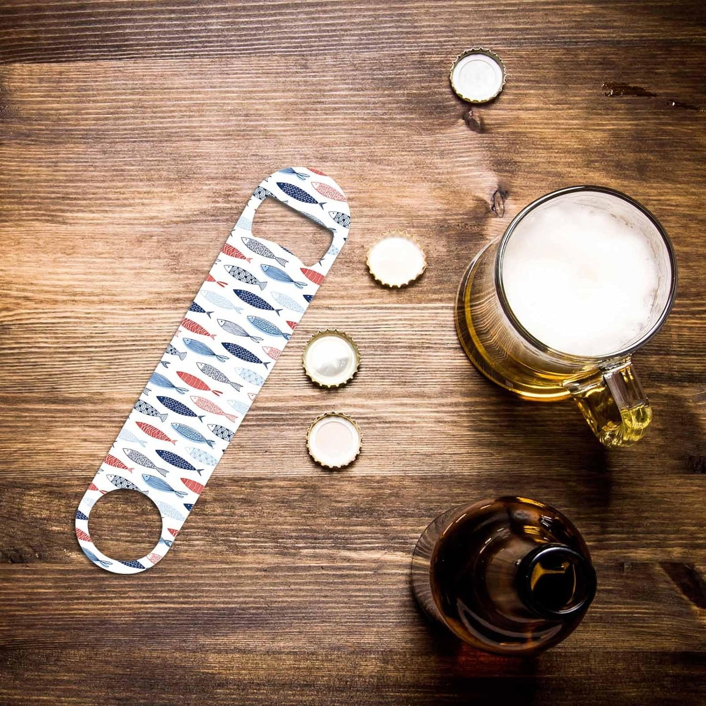 Fish Stainless Steel Bottle Opener Colorful Fishes Swimming Abstract Wildlife Blue Striped White Flat Beer Bottle Opener Keychain for Home Kitchen Bar Restaurant Party Birthday Gift