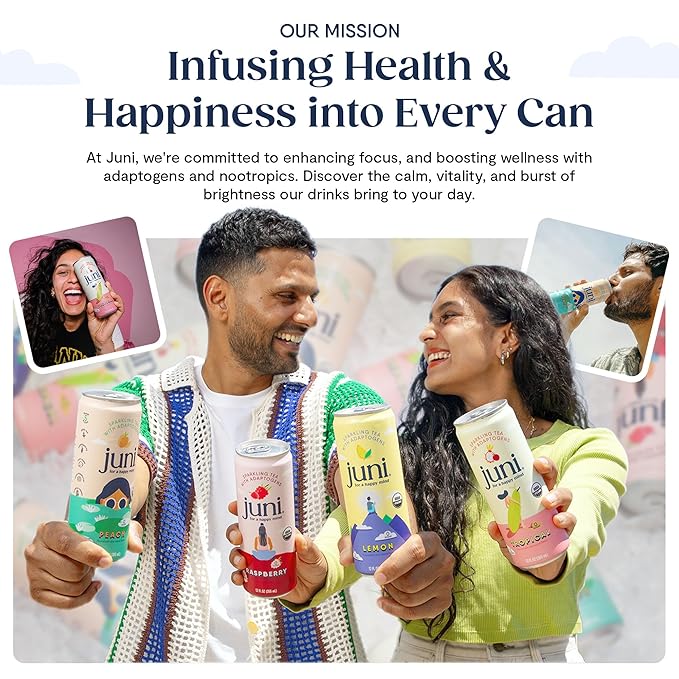 Juni Sparkling Adaptogen Drink with Ashwagandha, Lion’s Mane & Reishi Mushrooms | Green Tea for Focus, Zero Sugar, 5 Calories | Decaffeinated, Non Alcoholic Drinks – Variety Pack (12 Pack)