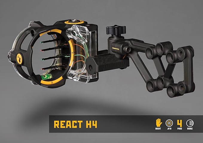 Trophy Ridge React H4 Bow Sight - 4 Pin Sight, Tool Less Windage and Elevation Adustability, 2nd Axis Leveling, Adjustable Click Light
