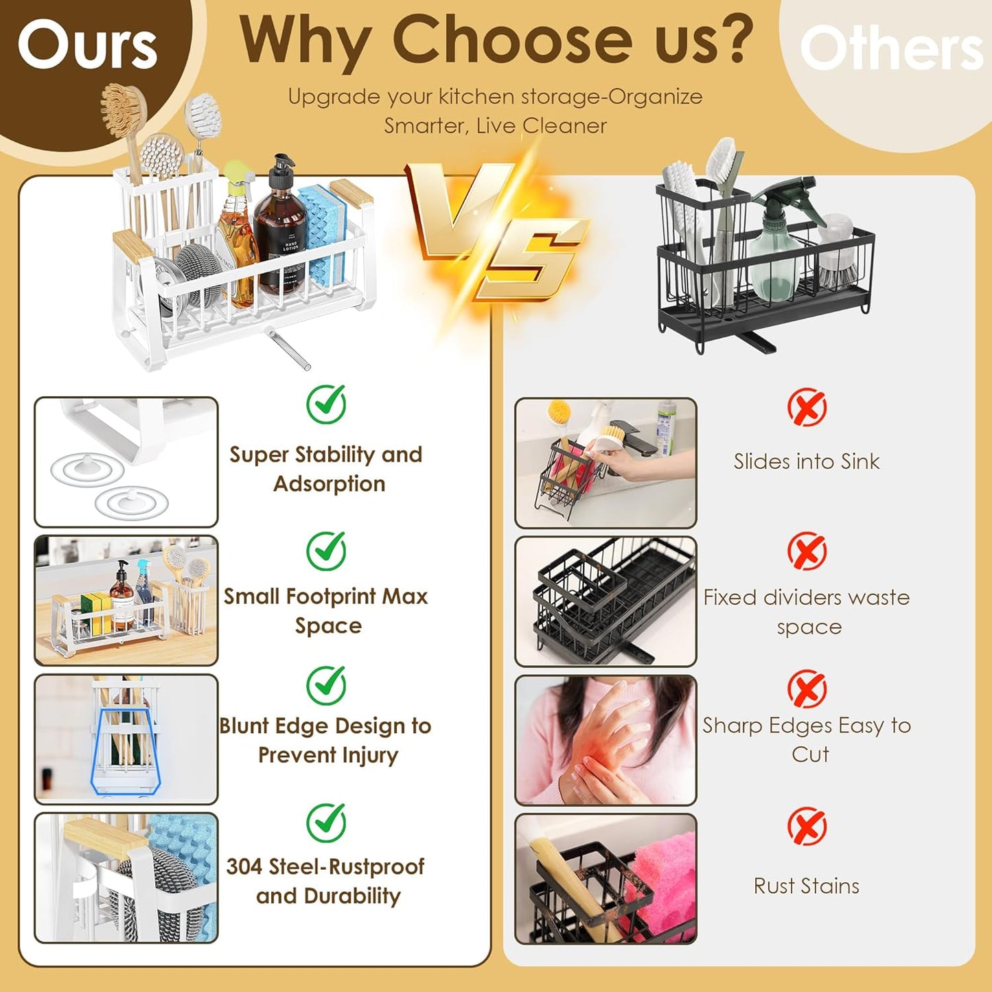 Doasuwish Kitchen Sink Caddy with High Brush Holder,Self-Draining kitchen Countertop Organizer,Rustproof 304 Stainless Steel,Non-Slip Stability High Storage Sponge Holder for Kitchen Sink White