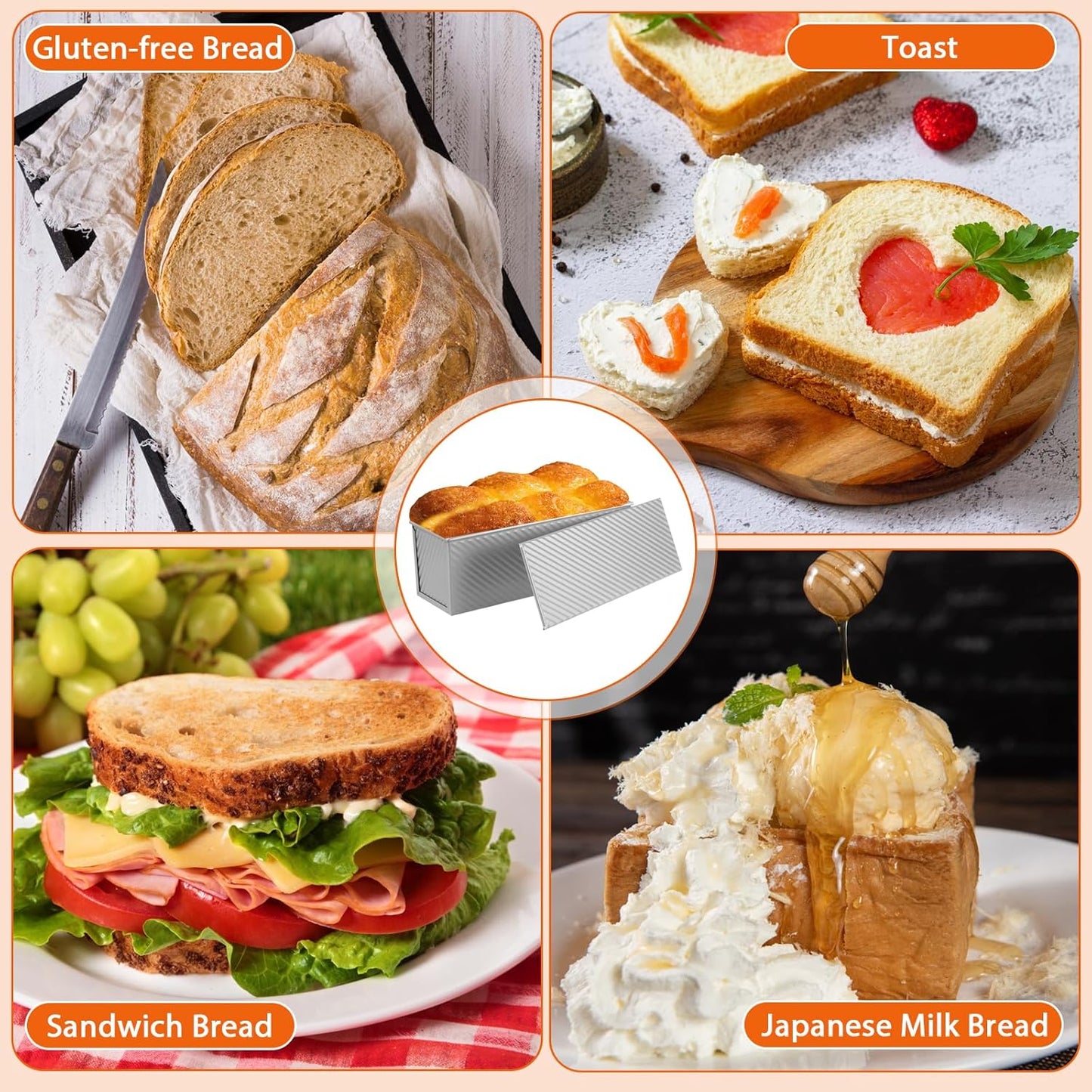 Non-Stick Pullman Loaf Pan with Lid 13x4 Inch - 2.2lb Carbon Steel Bread Baking Pan with 4 Vent Holes, Heavy Duty Sourdough Loaf Pan with Cover for Homemade Sandwich Bread (Silver)