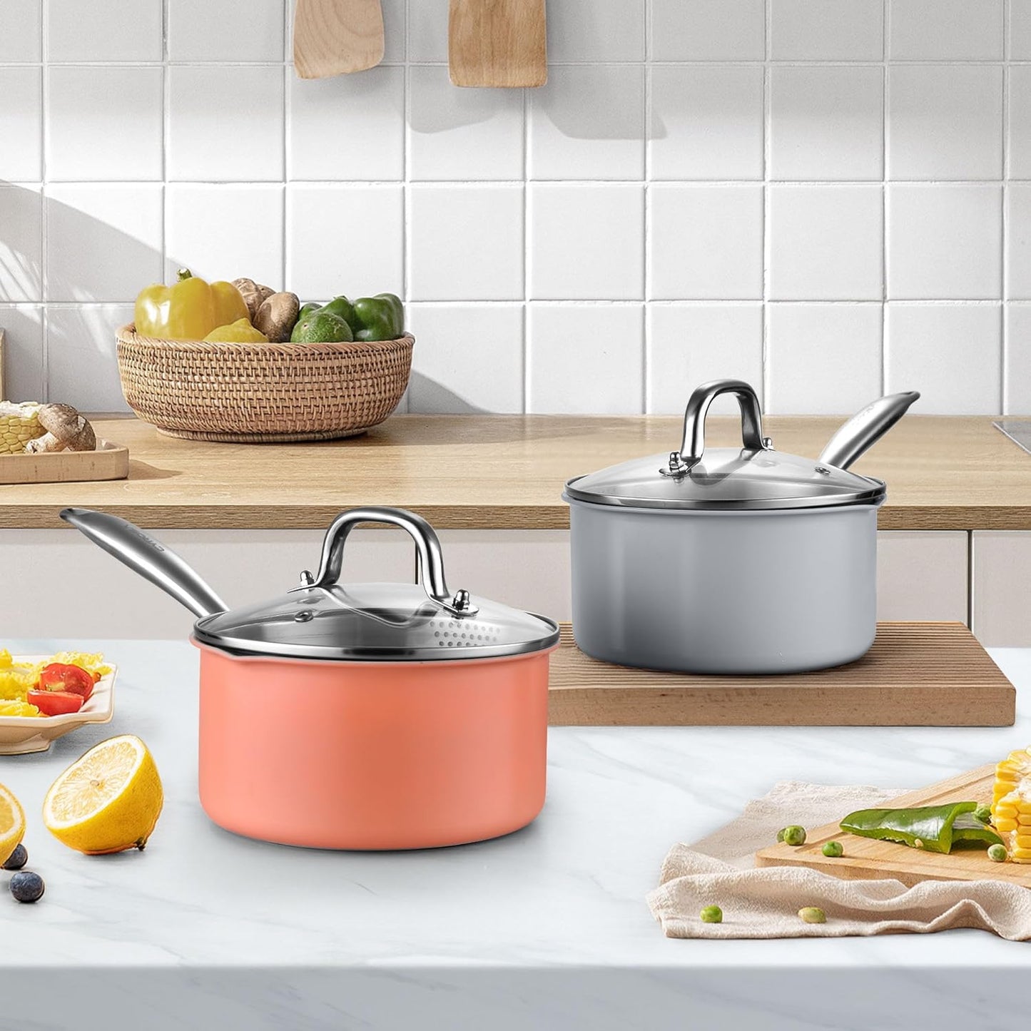 2 qt Nonstick Sauce Pan with Lid, Ceramic Saucepan Small Cooking Pot Non Toxic, PTFE & PFOA Free - Oven Safe & Compatible with All Stovetops (Gas, Electric & Induction)-Perracotta