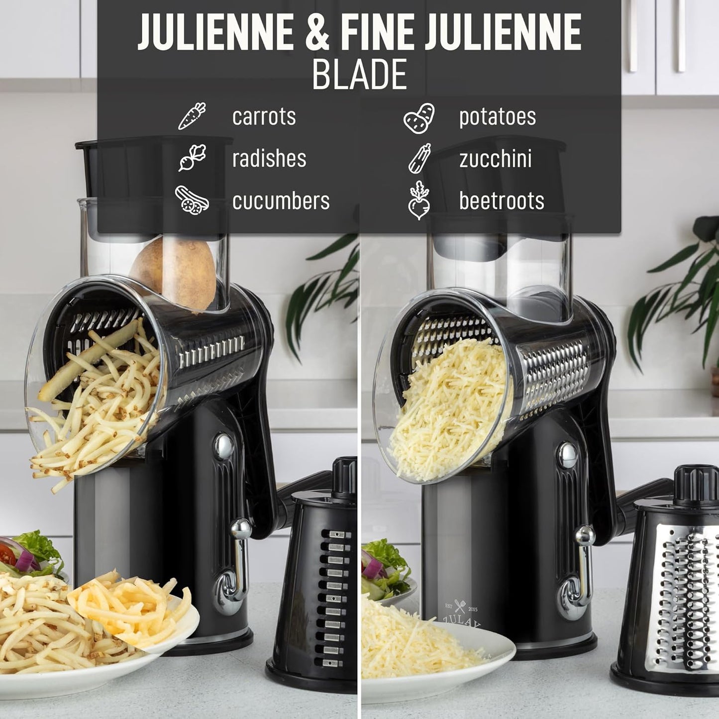 Zulay Kitchen Rotary Cheese Grater 5 Blade Cheese Shredder - Manual Hand Crank Cheese Grater With Reinforced Suction & 5 Interchangeable Drums - Easy to Use, Vegetable Chopper Round Mandoline Slicer