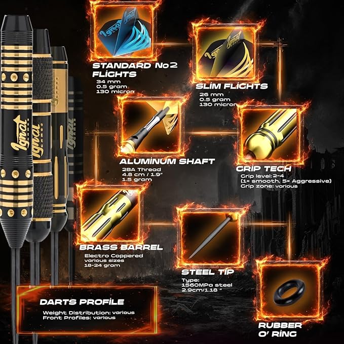IgnatGames Premium Steel Tip Darts – 3/6/12 Pack Brass Barrels with Aluminum Shafts, 16 GlideXPro Flight Set, Tool Kit & Giftable Case