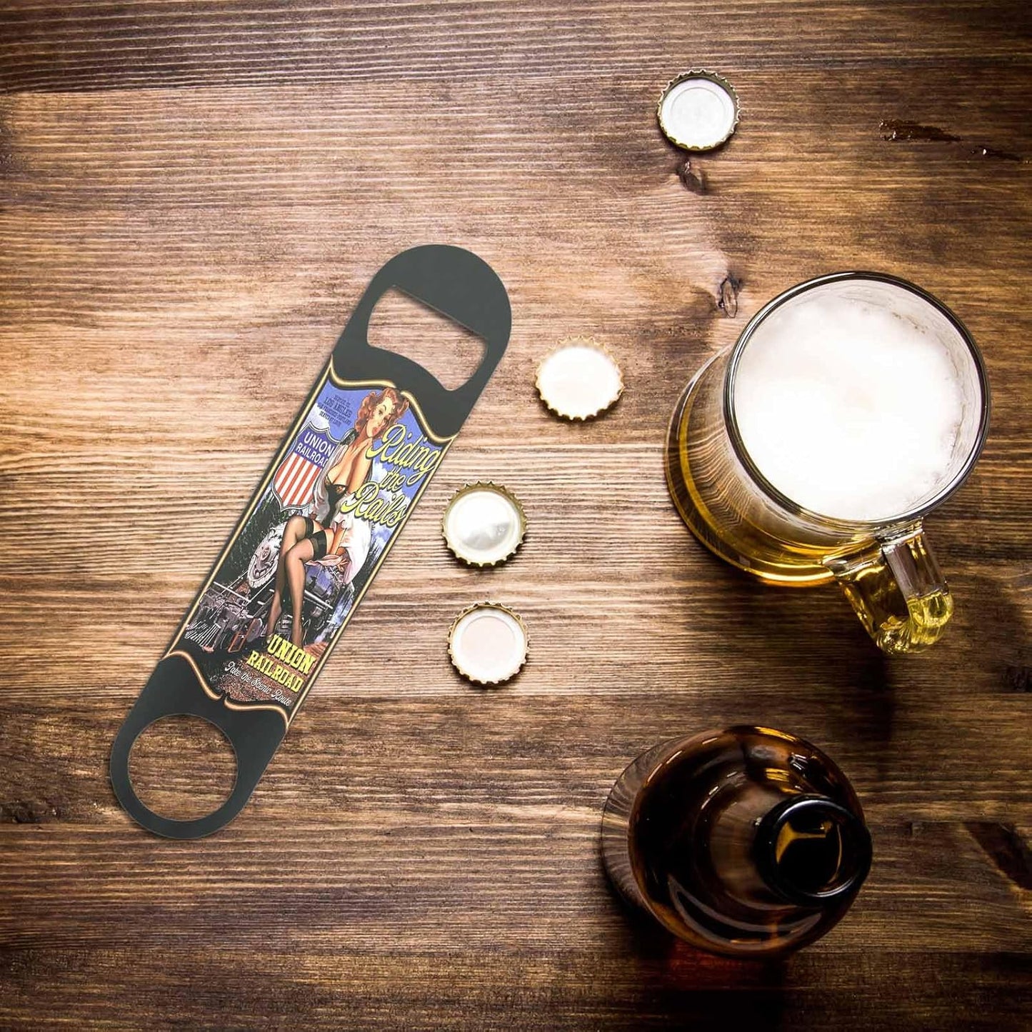 Riding The Rails Pin Up Girl Stainless Steel Bottle Opener Cute Woman with Train Union Railroad Flat Beer Bottle Opener Keychain for Home Kitchen Bar Restaurant Party Birthday Gift