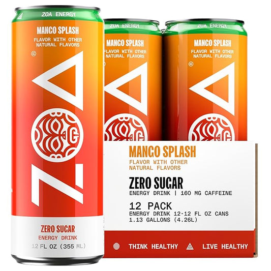 ZOA Zero Sugar Energy Drinks, Mango Splash - Sugar Free with Electrolytes, Healthy Vitamin C, Amino Acids, Essential B-Vitamins, and Caffeine from Green Tea - 12 Fl Oz (Pack of 12)