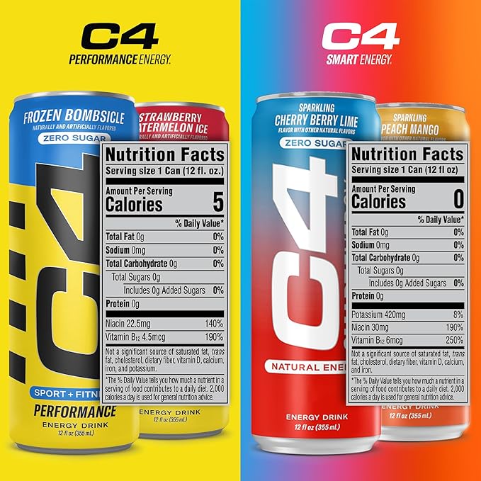 Cellucor C4 Performance & Smart Energy Drink Official Variety Pack | Zero Sugar Carbonated Preworkout Energy | 150+200mg Caffeine with Beta Alanine | 4 Flavors | 12 Fl Oz (12 Pack)