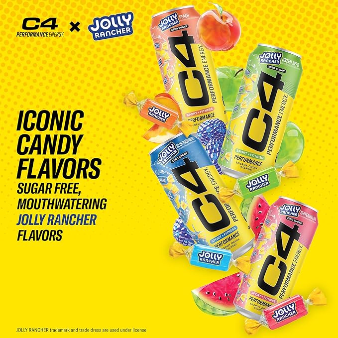 Cellucor C4 Performance Energy Drink | JOLLY RANCHER Green Apple | Zero Sugar Carbonated Preworkout Energy | 200mg Caffeine with Beta Alanine | 16 Fl Oz (12 Pack)