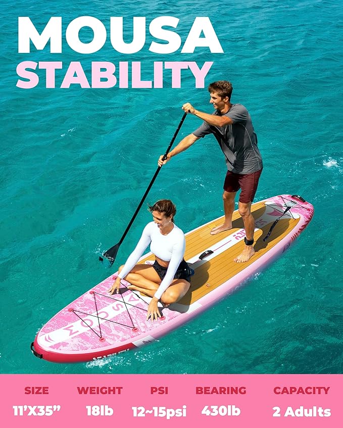 MOUSA 10β8/11'Γ35" Extra Wide Inflatable Stand Up Paddle Board, Stable Paddleboard SUP for 2 People/Family, Anti-Slip Full EVA Deck, 3 Handles, 100L Backpack, All-Round Sup Board, Big Fin