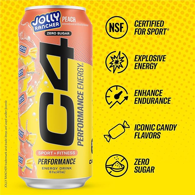 Cellucor C4 Performance Energy Drink | JOLLY RANCHER Peach | Zero Sugar Carbonated Preworkout Energy | 200mg Caffeine with Beta Alanine | 16 Fl Oz (12 Pack)