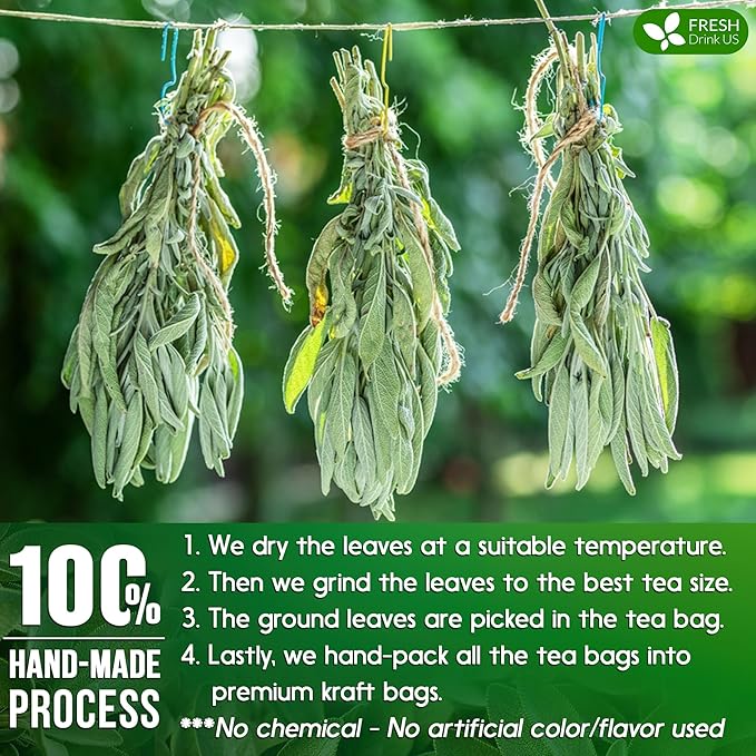 FreshDrinkUS Premium Sage Leaf Tea Bags, 100% Natural & Pure. Loose Leaf Herbal Tea. Made with Natural Material Tea Bags. No Sugar, No Caffeine, No Gluten, Vegan