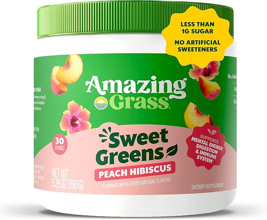 Amazing Grass Sweet Greens and Superfoods Powder for Digestive Health, Greens Powder, Digestive Enzymes, Probiotics, Spirulina, Chlorella, Peach Hibiscus, 30 Servings
